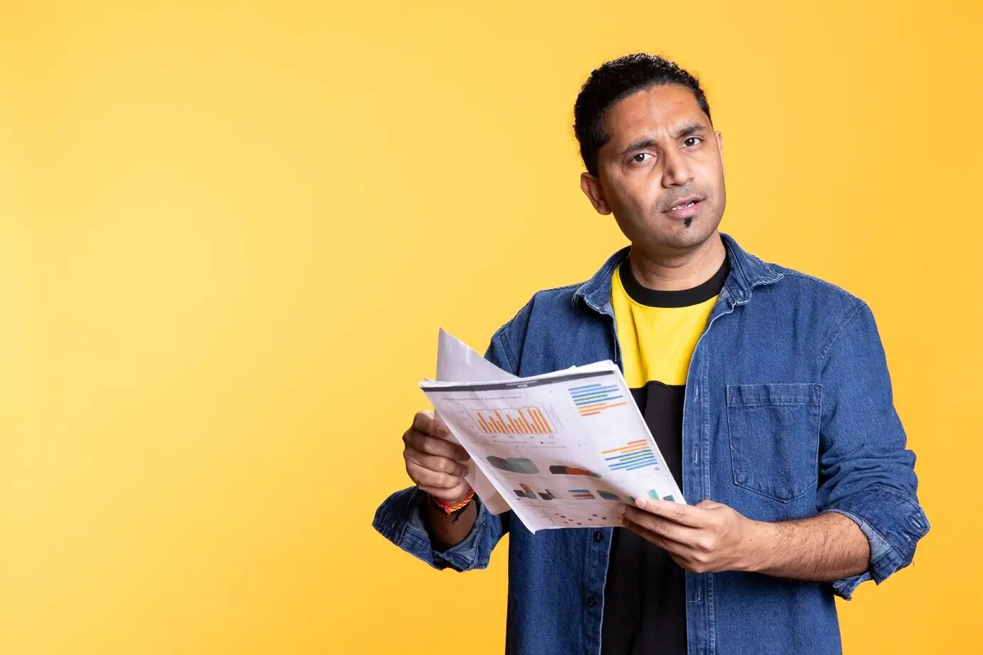 Homme indien sûr de lui feuilletant des documents d’audit financier en studio.